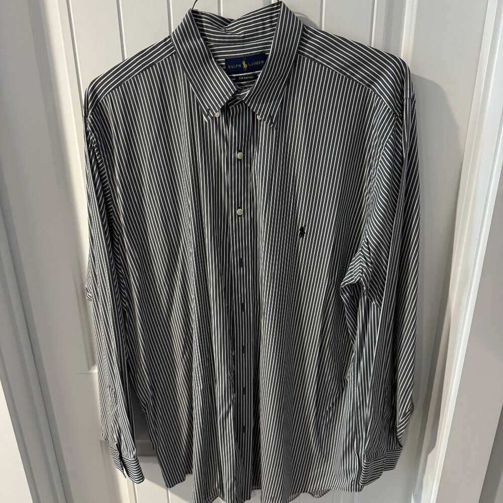 Polo Ralph Lauren XXL Performance Button Down Like New! Dark Gray/White Stripes